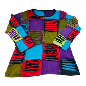 Rising International Womens Long Sleeve Patchwork Colorblock Distressed Top L